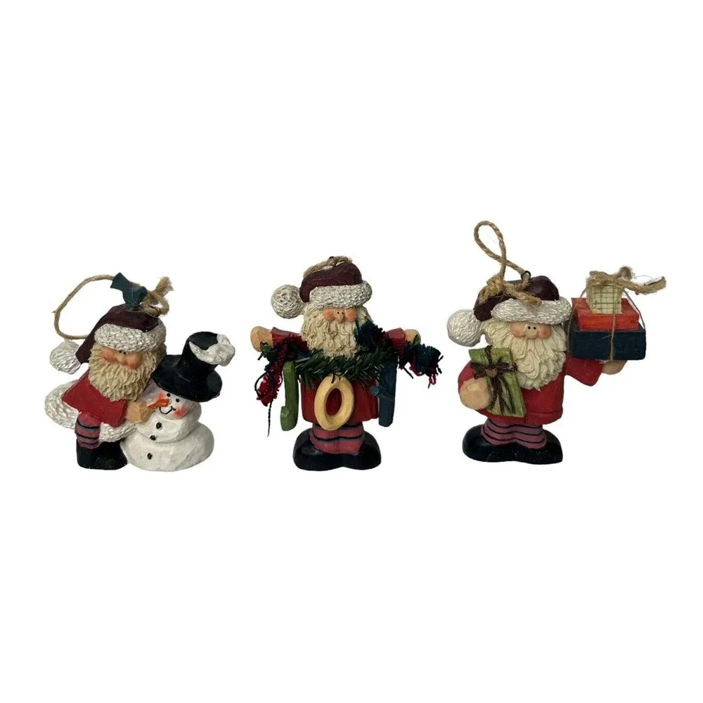 NEW Folk Art Set of 3 Primitive Santa‎ Christmas Tree Ornaments 4